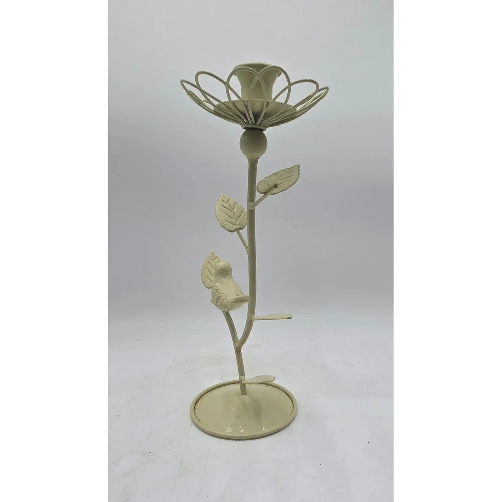 Cream Metal Bird and Flower Taper Candle Holder Rustic Farmhouse Decor